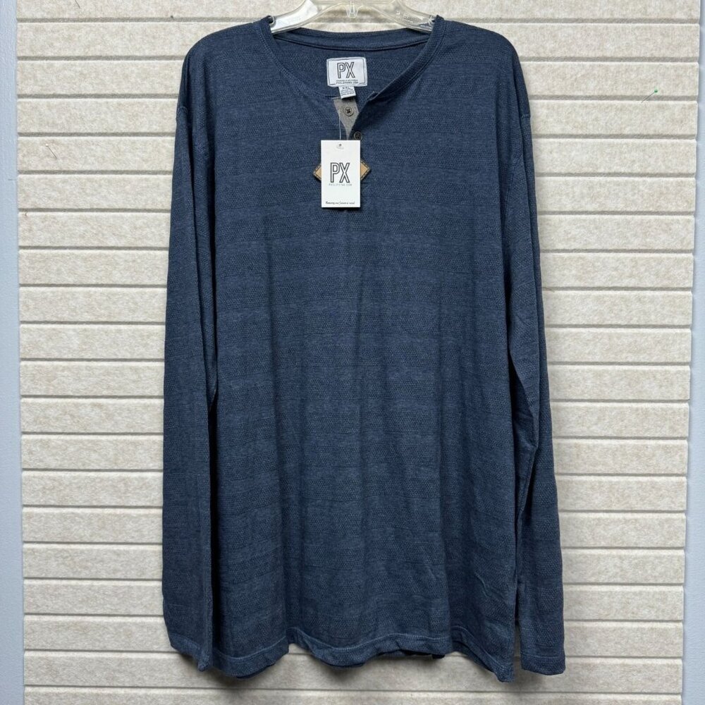 Men’s 2XL Blue Long Sleeve Henley Shirt Casual Stretch NWT PX Clothing